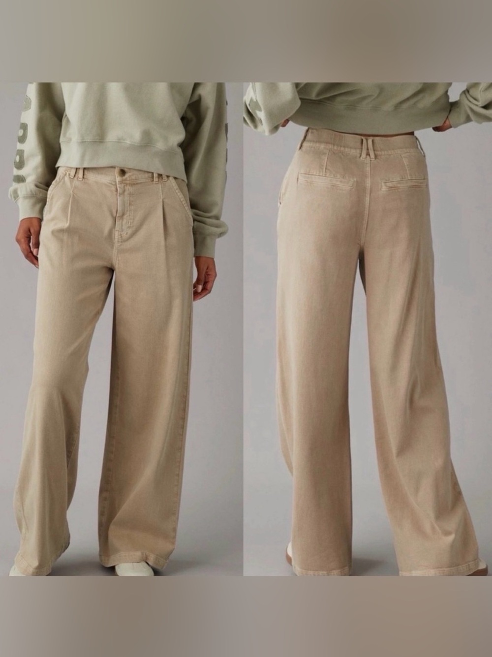 American Eagle Stretch High-Waisted Wide Leg Trousers | Tan Khaki | Size 4